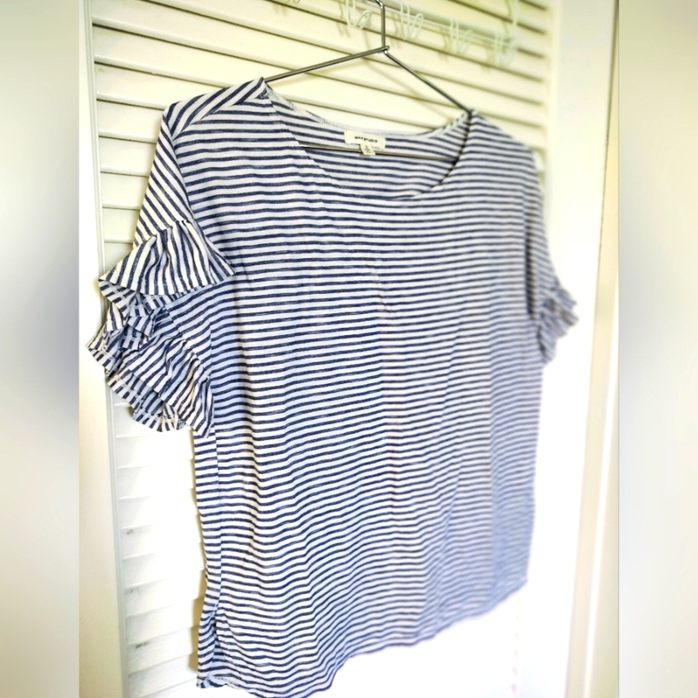 Max Studio Women's Striped Ruffle Sleeve Top Size Small Blue White